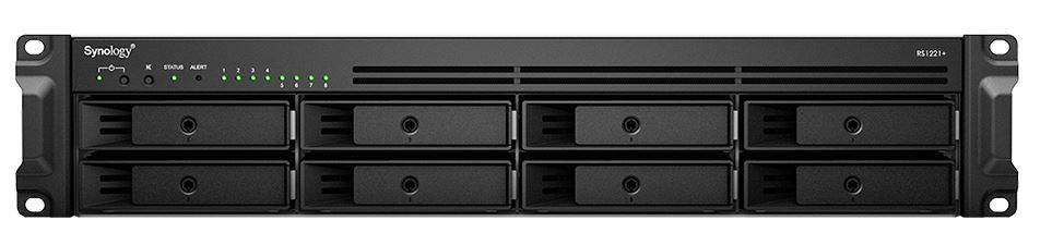 Synology Rack NAS RS1221+ Up to 8 HDD/SSD Hot-Swap, Ryzen V1500B Quad Core, Processor frequency 2.2 GHz, 4 GB, DDR4, RAID 0,1,5,6,10,Hybrid, 4x1GbE, 2xUSB 3.2 Gen 1, 1x eSATA, 1x PCIe