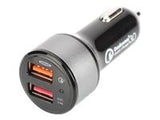 EDNET USB automobilinis įkroviklis, greitas įkrovimas 3.0, 2 prievadai: įvestis 12–24 V, išėjimai 3–6,5 V / 3 A, 5 V / 2,4 A.