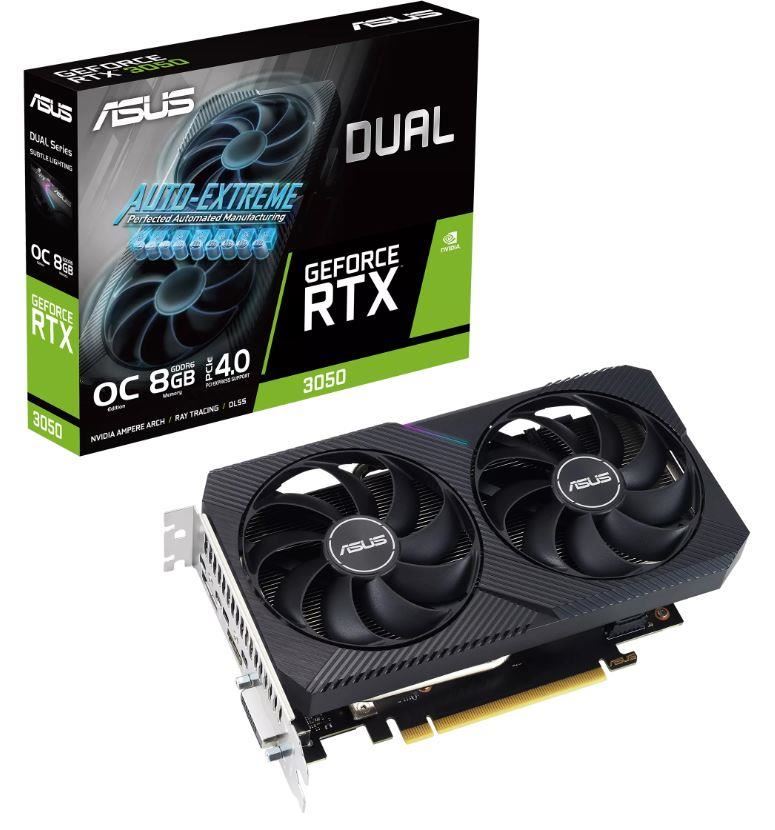 ASUS Dual NVIDIA GeForce RTX 3050 OC Edition Gaming Graphics Card PCIe 4.0 8GB GDDR6 memory HDMI 2.1 DisplayPort 1.4a